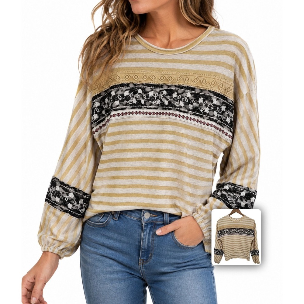 Gimmicks BKE Womens L Beige Striped Floral Boho Knit Top Balloon Sleeve"